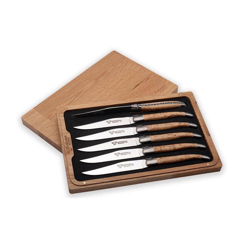 Laguiole juniper steak knife set of six in an open wooden box