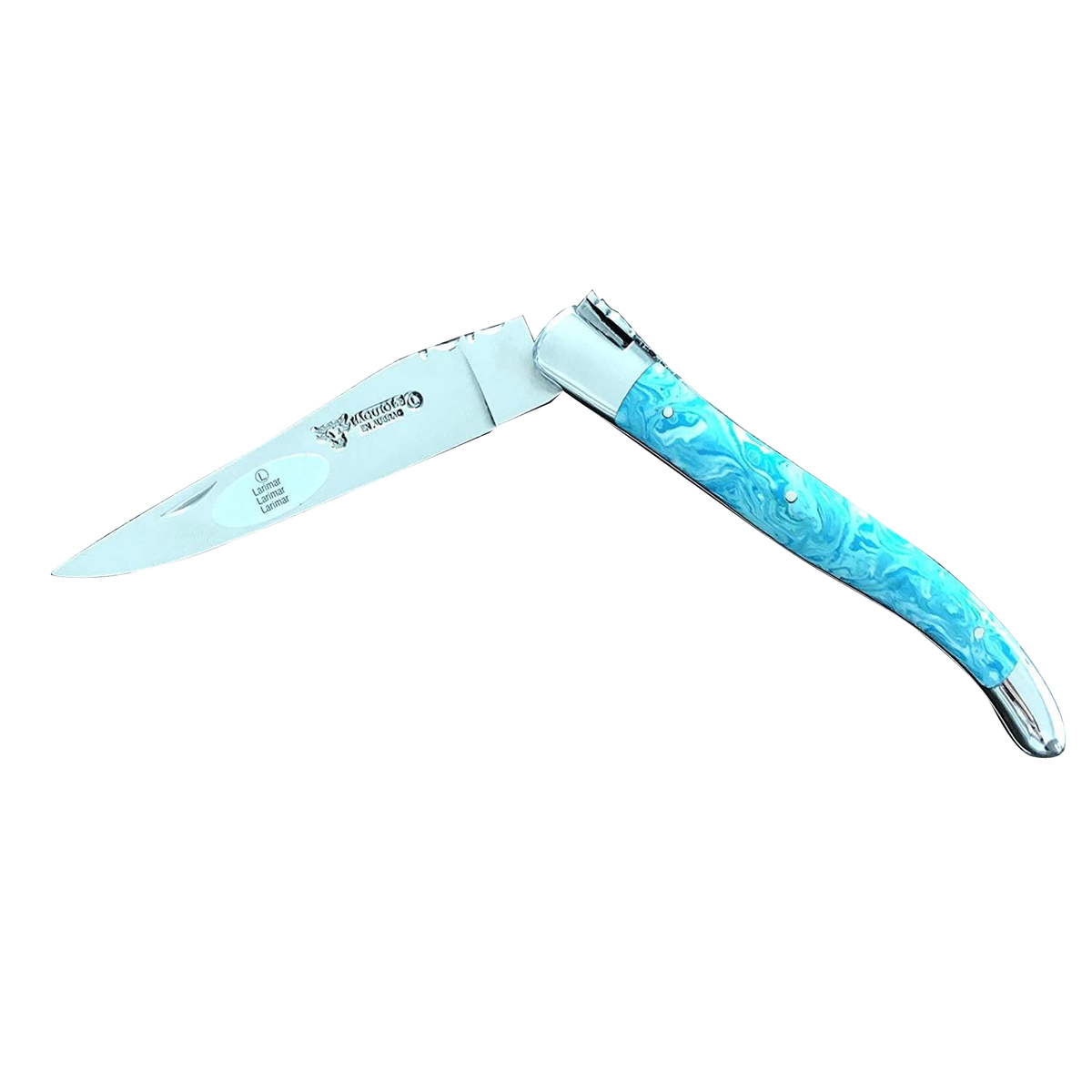 Laguiole Larimar folding knife with turquoise handle, half open on a white background