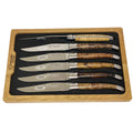 Laguiole burl wood steak knife set with six different handles in a wooden box