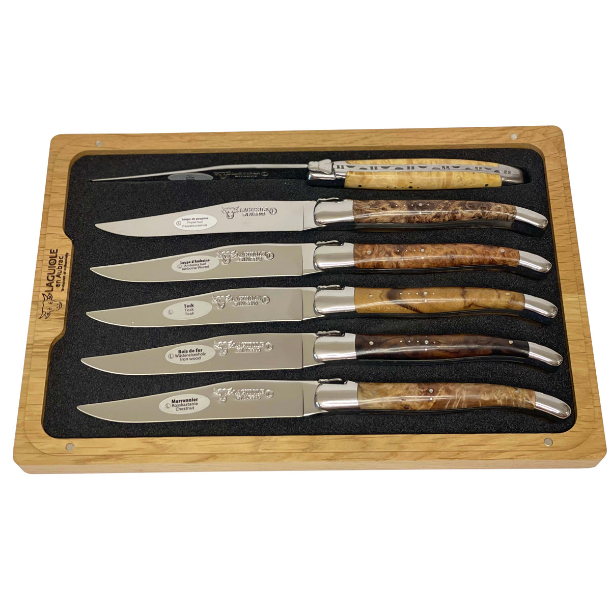 Laguiole burl wood steak knife set with six different handles in a wooden box
