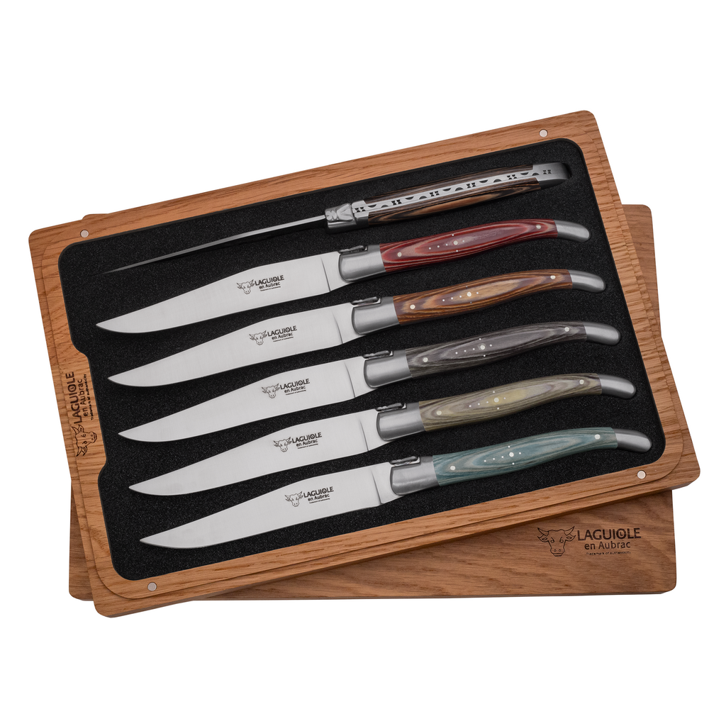 Laguiole pakkawood steak knife set of six with mixed colour handles in a wooden box