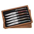 Laguiole pakkawood steak knife set of six with mixed colour handles in a wooden box