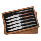 Laguiole pakkawood steak knife set of six with mixed colour handles in a wooden box