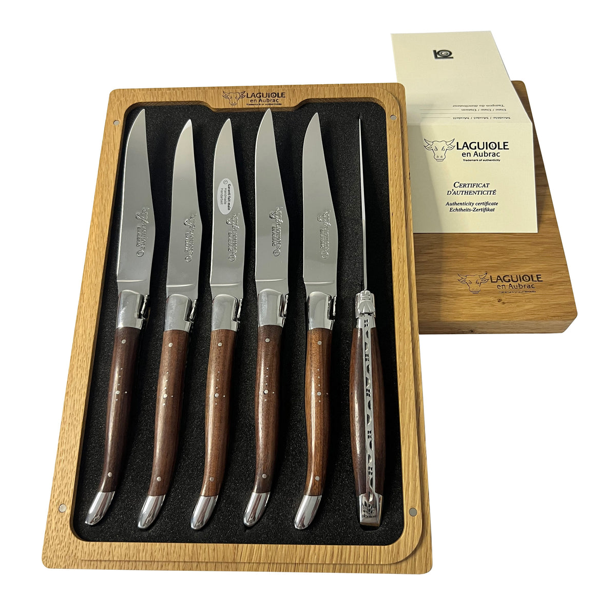 Laguiole rosewood steak knife set of six in its wooden box with certificate