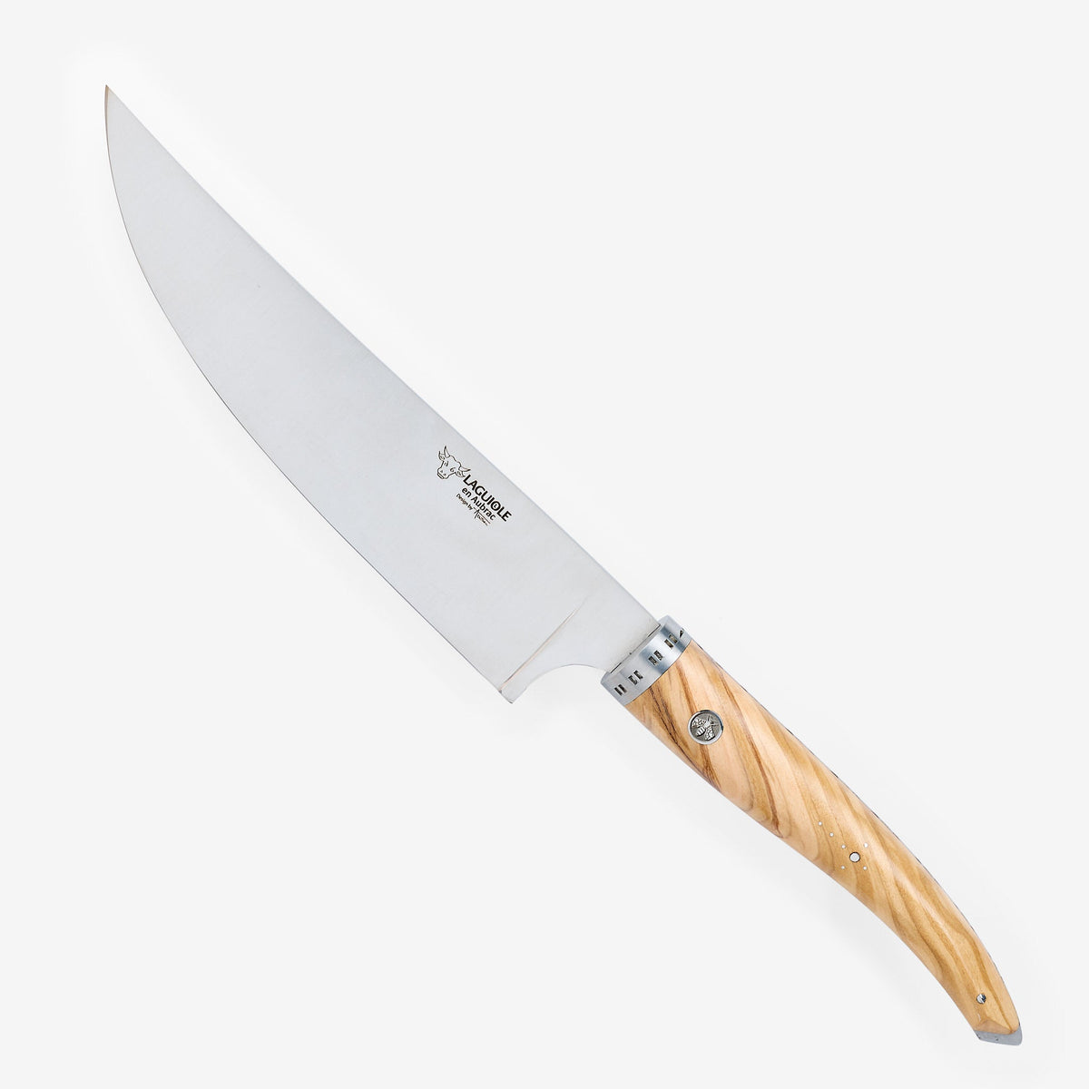 Laguiole 7 inch chef knife with olive wood handle on a white background