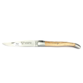 Laguiole olive wood folding knife with matte bolsters, open on a white background