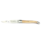Laguiole olive wood folding knife with matte bolsters, open on a white background