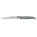 Laguiole pakkawood folding knife with blue layered handle, open on a white background