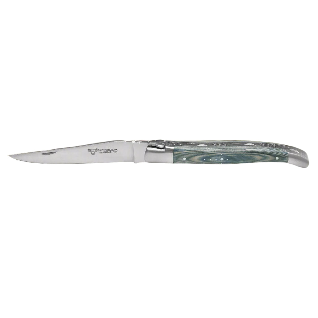 Laguiole pakkawood folding knife with blue layered handle, open on a white background