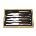 Laguiole horn steak knife set of six with solid horn handles in a wooden box