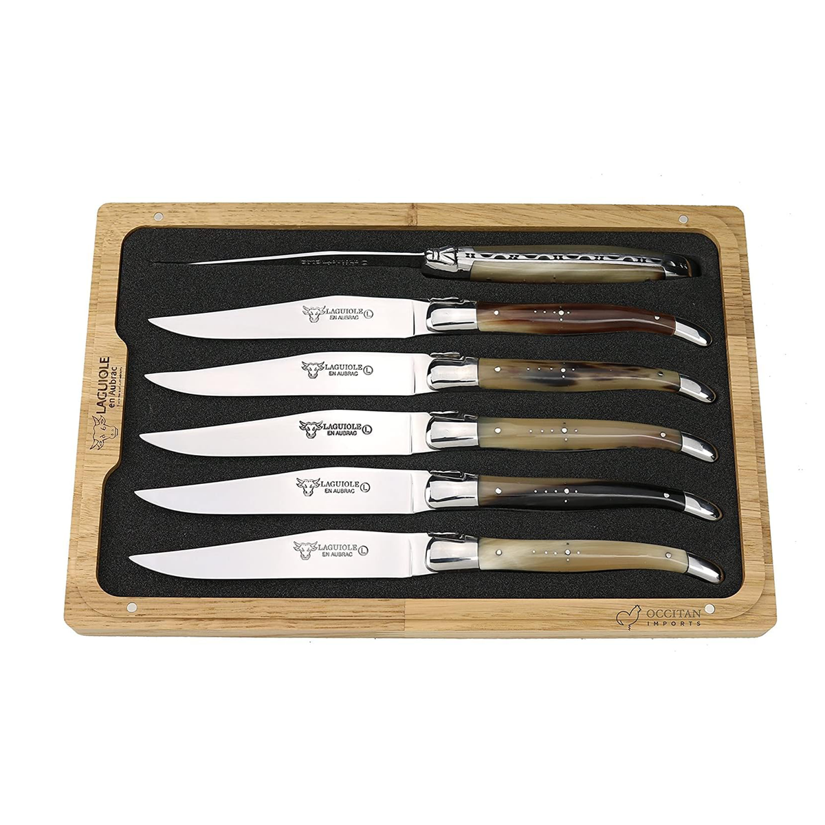 Laguiole horn steak knife set of six with solid horn handles in a wooden box