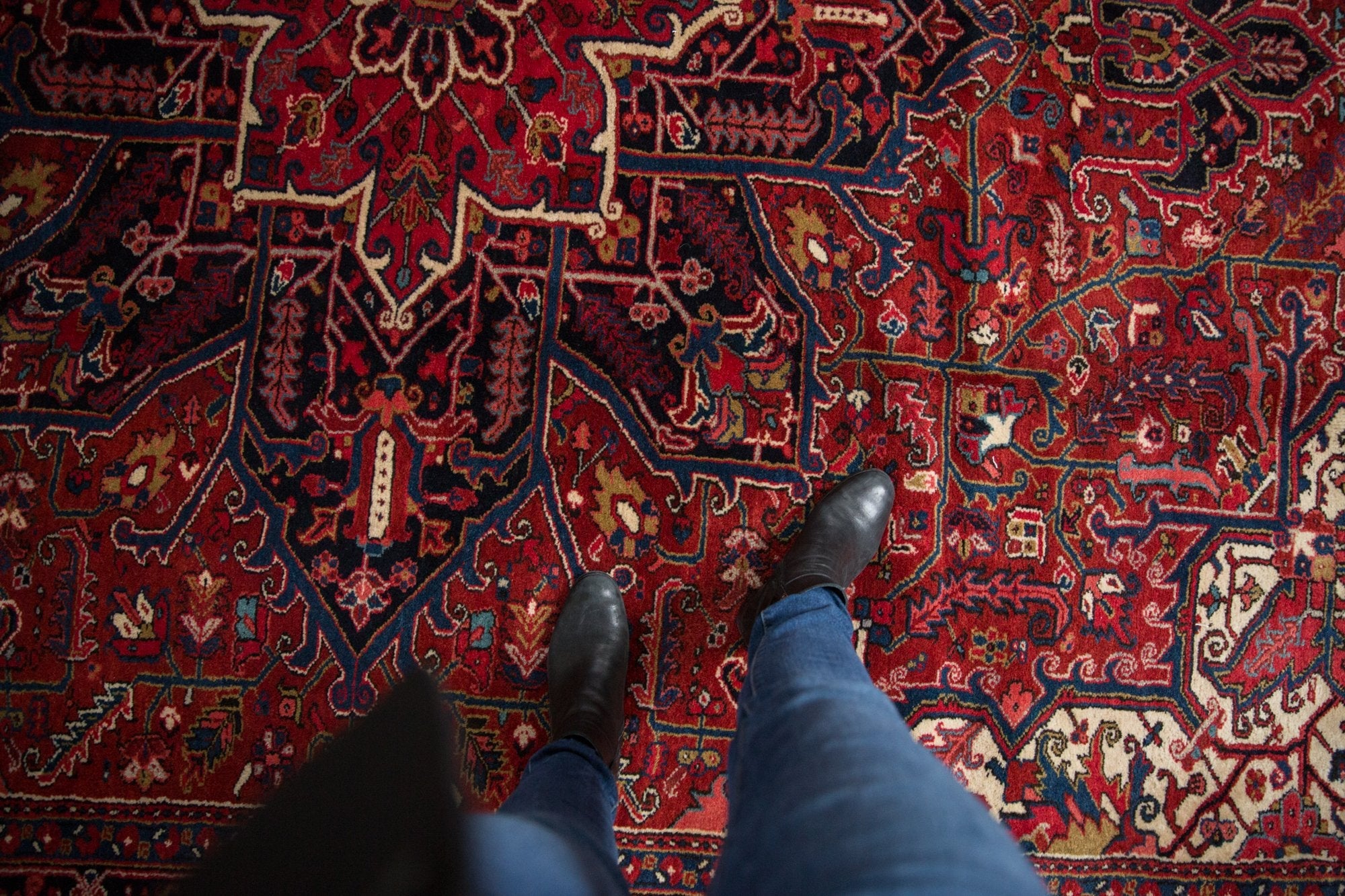 Full overhead view of Heriz carpet 10x13