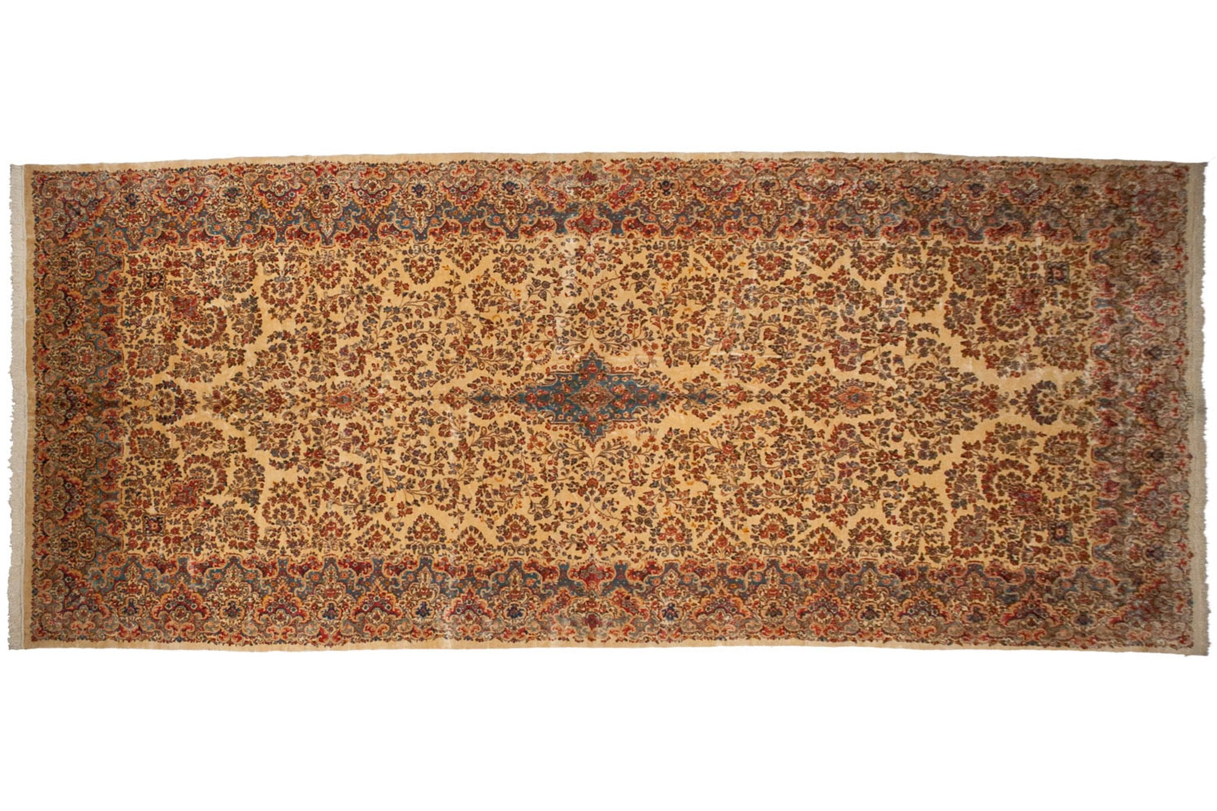 Vintage Kerman Carpet 9.5x22.5, hand-knotted one of a kind piece