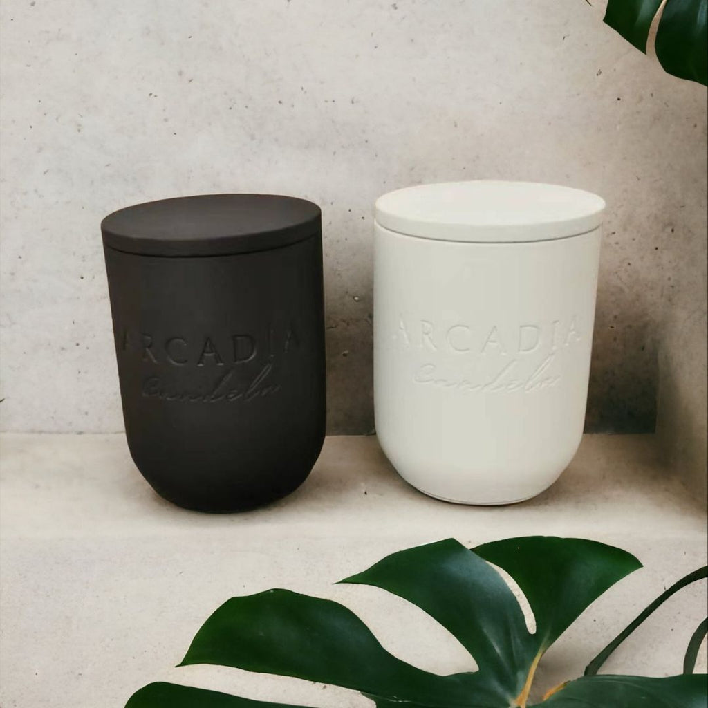 Nova Linen White Modern Stone Candēla Vessel with Lid, 2.3"D x 4"H