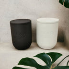 Nova Linen White Modern Stone Candēla Vessel with Lid, 2.3"D x 4"H