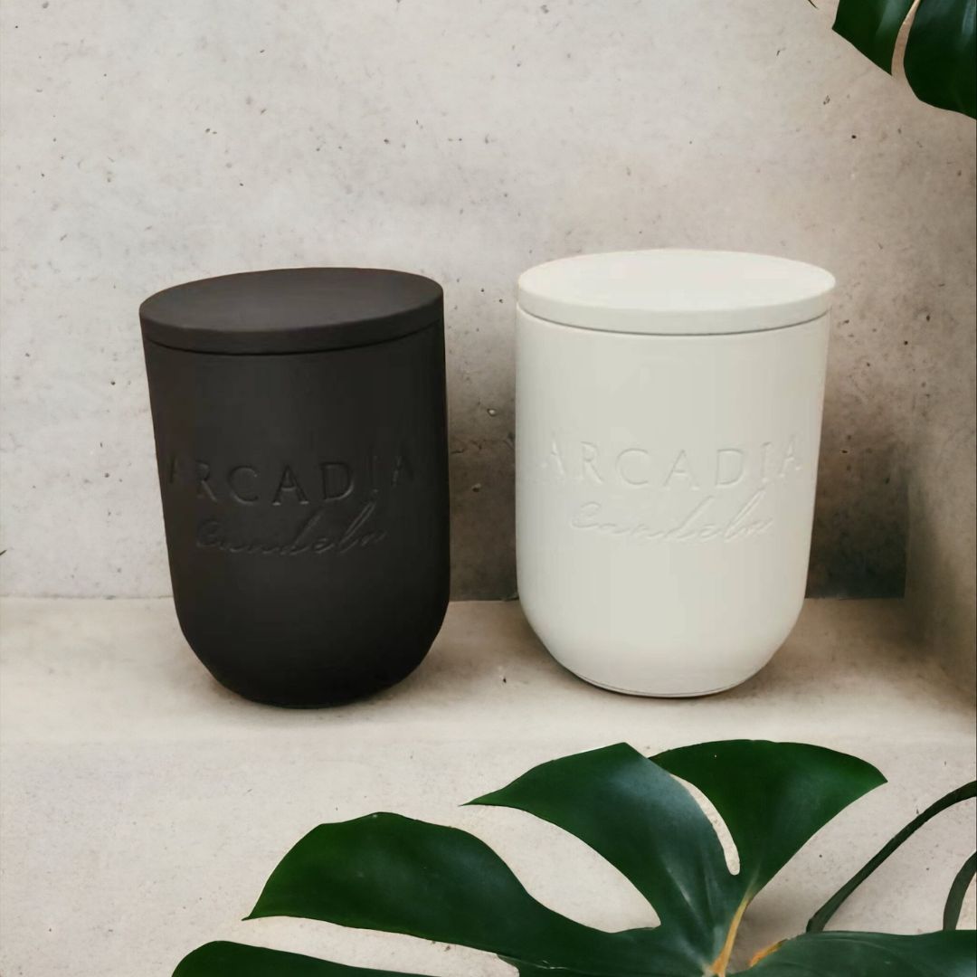 Nova Linen White Modern Stone Candēla Vessel with Lid, 2.3"D x 4"H
