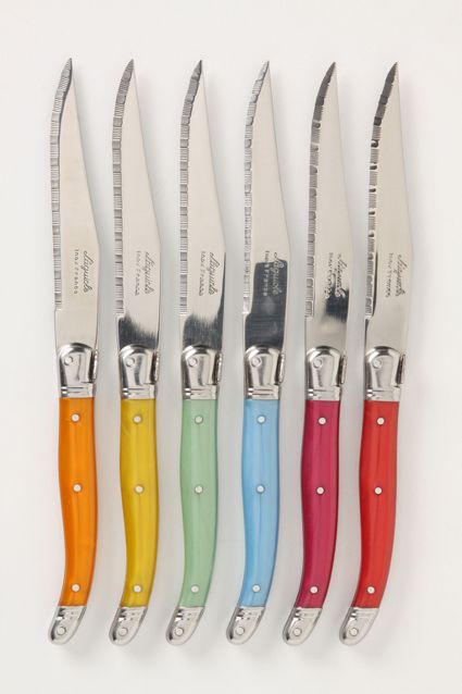Laguiole 6 Piece Steak Knife Set, Rainbow in Wood Box with Acrylic Lid