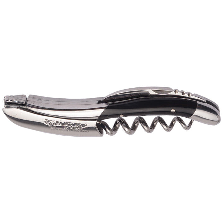 Laguiole buffalo horn corkscrew with dark handle on a white background