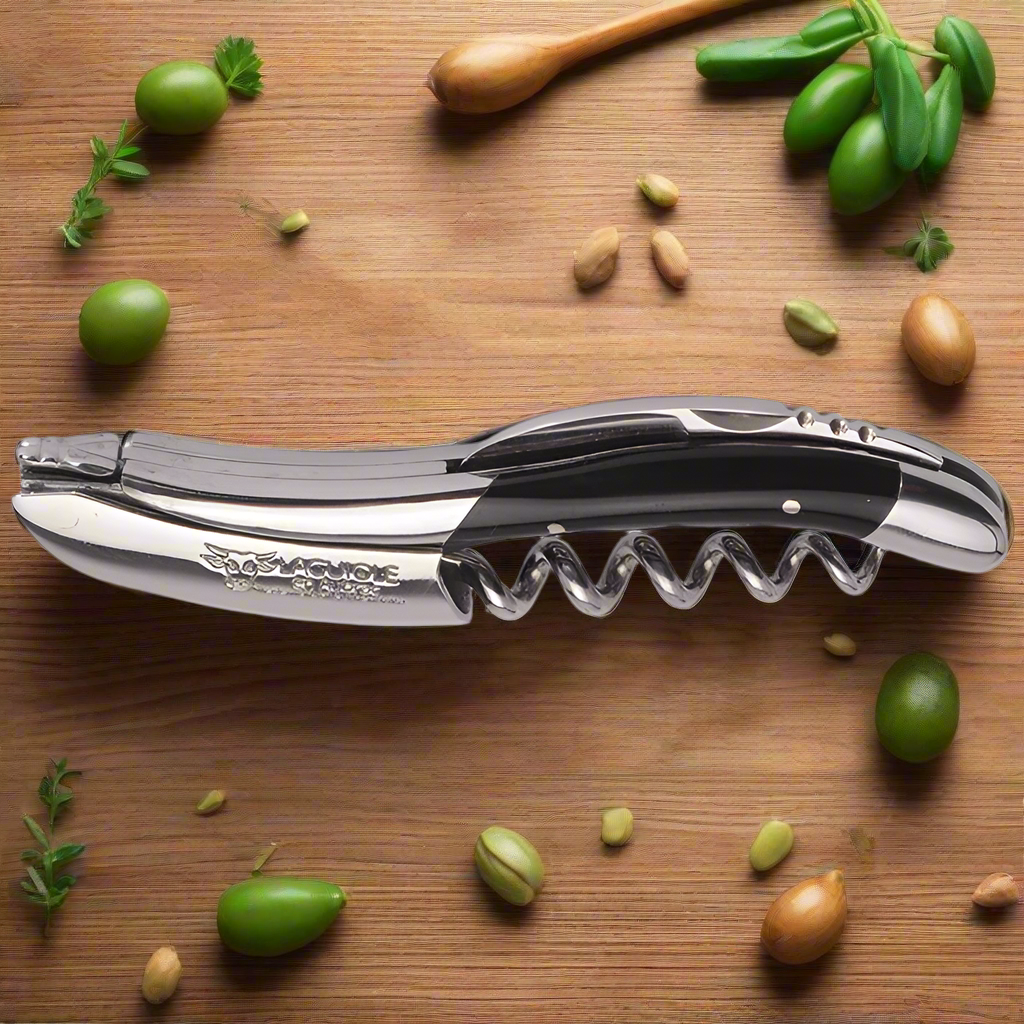Buffalo horn corkscrew on a wooden board scattered with olives and herbs