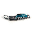 Laguiole Juma turquoise corkscrew with polished steel body on a white background