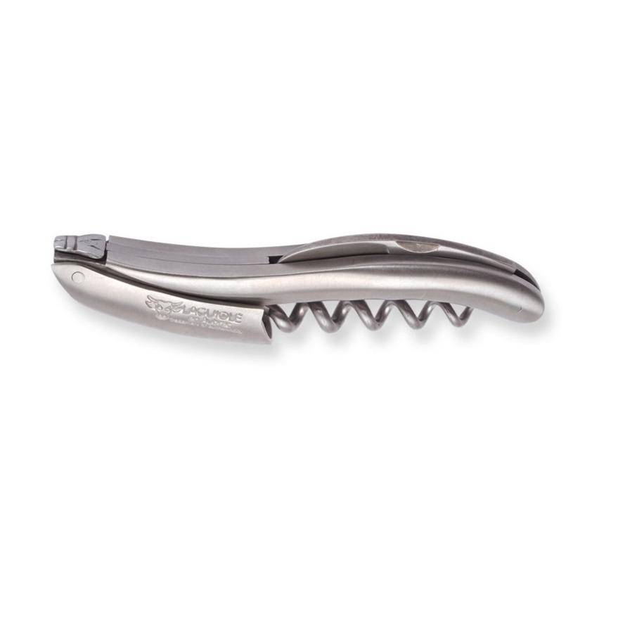 Laguiole brushed steel corkscrew folded on a white background